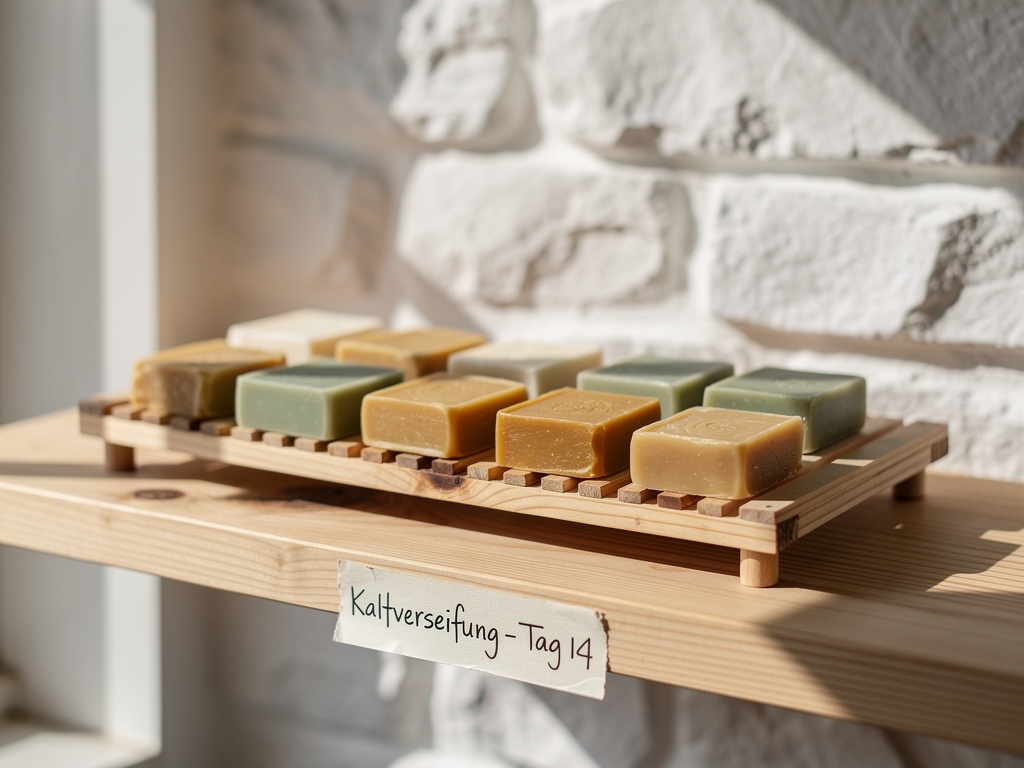 Handgemachte Seifenstücke reifen auf einem Holzgestell