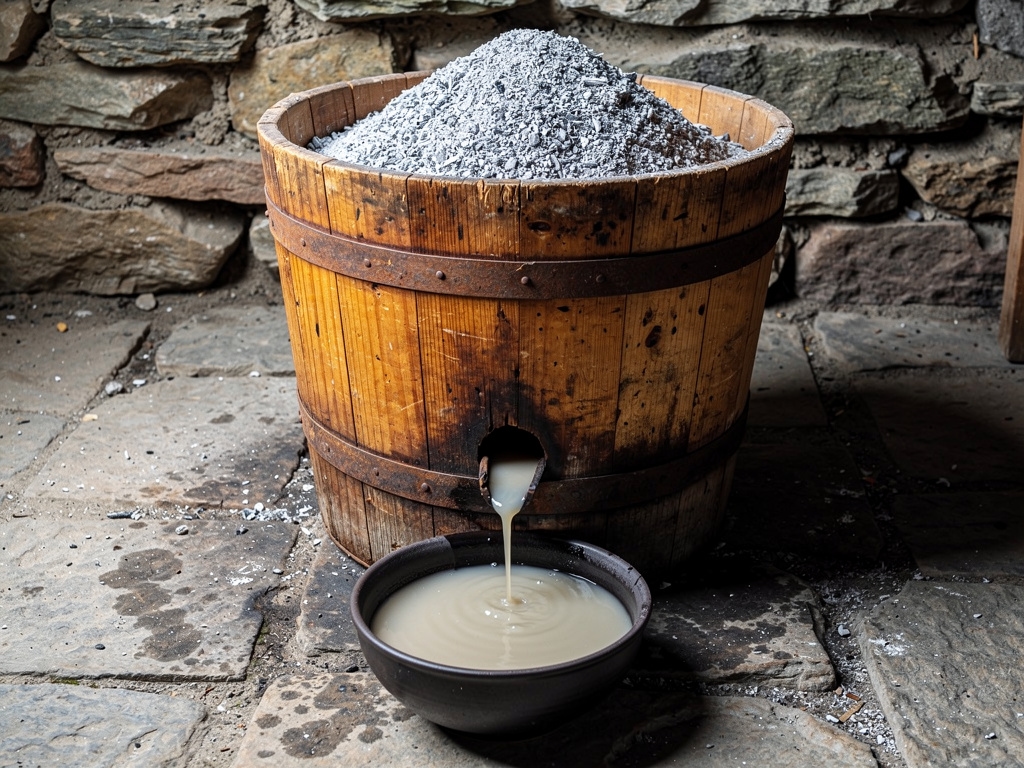 Holzasche in einem traditionellen Auslaugegefäß für Laugenherstellung